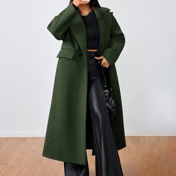 Army Green Casual Women's Lapel Long Coat - Picture 1 of 6
